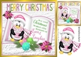 open book with verse, penguin in a scarf with pink poinsettias 8x8