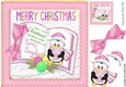 Pink polkadot frame with open book and penguin 8x8