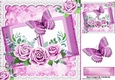 Pretty open book with lace and pink roses with butterfly card front 8x8