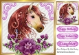 Beautiful water colour horse with purple flowers scroll corners 8x8