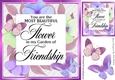 Pretty floral frame with FRIENDSHIP Verse with purple butterflies card front 8x8