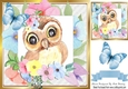 sweet water colour owl in flower frame with butterfly 8x8