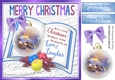 Pretty snow cottage bauble on open book with purple bow 8x8