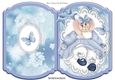 Cute bunny in blue dress on lace with bow bracket card
