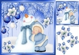 Snowman cuddles with baubles and blue poinsettias 8x8