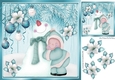 Snowman cuddles with baubles and turq  poinsettias 8x8