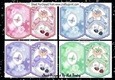 4 Cute bunnies in coloured dresses on lace with bows bracket cards mini kit