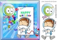 Spaceboy with Alien in rainbowbow frame with balloons 8x8