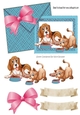 Cute puppy and kitten on card/envelope card front with bow (blue) A5