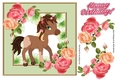 Cute brown pony with pink roses