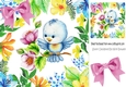 Sweet little bluebird on a branch in flower frame 8x8