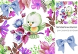 Sweet little green bird on a branch in flower frame 8x8