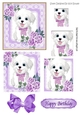 Cute white puppy in lace frame with bow, pyramids