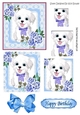 Cute white puppy in lace frame with bow, pyramids (blue)