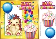 Cute hedgehog with blue balloon and birthday cake 8x8