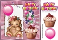 Cute hedgehog with pink balloon and birthday cake 8x8