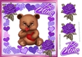 Cute little brown valentine bear with purple roses and hearts 8x8