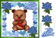 Cute little brown valentine bear with blue roses and hearts 8x8