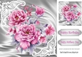 Pretty satin and ornate corners in silver card front with pink peonies 8x8