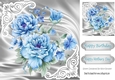 Pretty satin and ornate corners in silver card front with blue peonies 8x8