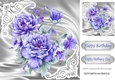 Pretty satin and ornate corners in silver card front with purple peonies 8x8