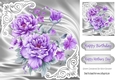 Pretty satin and ornate corners in silver card front with lilac peonies 8x8
