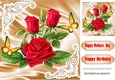 Pretty satin and ornate corners in gold card front with red roses 8x8