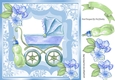 Pretty leaf and ornate frame with pram/bottle and blue flowers 8x8