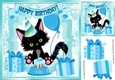 Cute black kitty with blue balloon and birthday cake 8x8