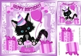 Cute black kitty with pink balloon and birthday cake 8x8