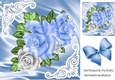 Pretty satin and ornate corners with blue/white roses 8x8