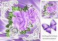 Pretty satin and ornate corners with purple/white roses 8x8