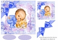 Cute Baby Boy cuddling kitty with blue bow in floral frame 7x7