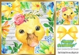 Water colour yellow duck in floral frame with yellow bow 8x8