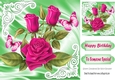 Pretty cerise roses with butterflies on satin 8x8
