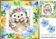 Pretty water colour hedgehog with tropical flowers 8x8