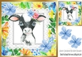 Pretty water colour cow with tropical flowers 8x8