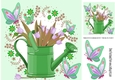 Pretty green watering can with pink tulips and butterflies 8x8