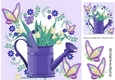 Pretty purple watering can with pink tulips and butterflies 8x8