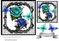 Gothic turq & blue ornate roses with black lace & butterflies 7x7