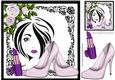 Trendy Girl with lilac roses & shoes in black rose frame,8x8 (two)