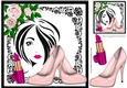 Trendy Girl with pink roses & shoes in black rose frame,8x8 (three)