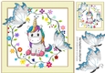 Cute rainbow unicorn with flowers in cream frame with blue butterflies 8x8