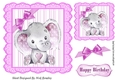 Cute watercolour Elephant pink corner bow 7x7