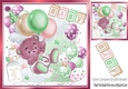 Cute pink baby teddy with balloons and bottle 8x8