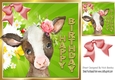 Cute cow with sunflowers and pink bow 8x8