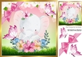 Pretty watercolour elephant with butterflies in floral frame 8x8