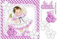 sleeping baby girl with her cerise pink teddy and bottle in gingham frame 8x8