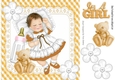 sleeping baby girl with her gold teddy and bottle in gingham lace frame 8x8