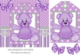Cute purple teddy on a tag topper with bows